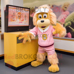 Peach Baboon mascot costume character dressed with a Skirt and Watches