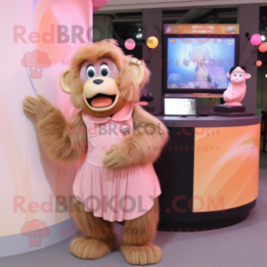 Peach Baboon mascot costume character dressed with a Skirt and Watches