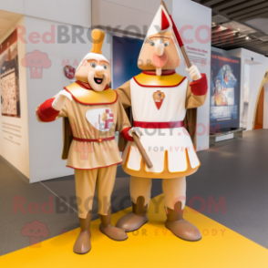 Beige Swiss Guard mascot costume character dressed with a Jumpsuit and Brooches