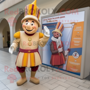 Beige Swiss Guard mascot costume character dressed with a Jumpsuit and Brooches