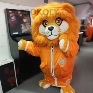 Orange Lion mascot costume character dressed with a Parka and Coin purses