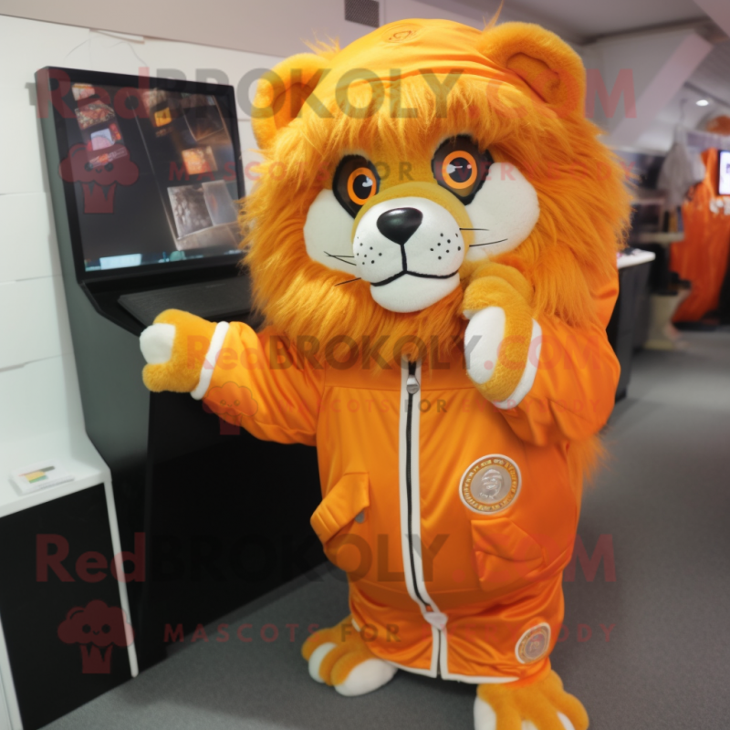 Orange Lion mascot costume character dressed with a Parka and Coin purses Orange Lion mascot costume character dressed with a Parka and Coin purses