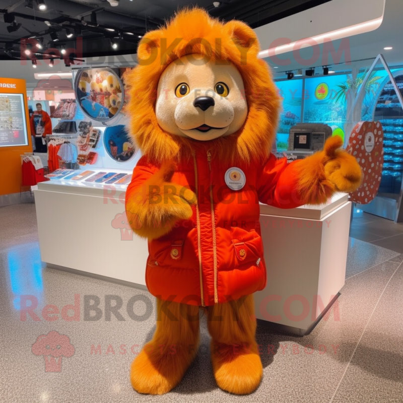 Orange Lion mascot costume character dressed with a Parka and Coin purses