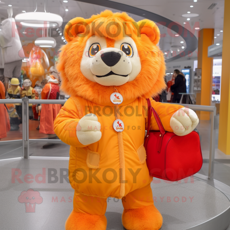 Orange Lion mascot costume character dressed with a Parka and Coin purses