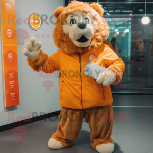 Orange Lion mascot costume character dressed with a Parka and Coin purses