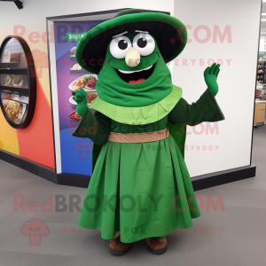 Forest Green Fajitas mascot costume character dressed with a Circle Skirt and Handbags