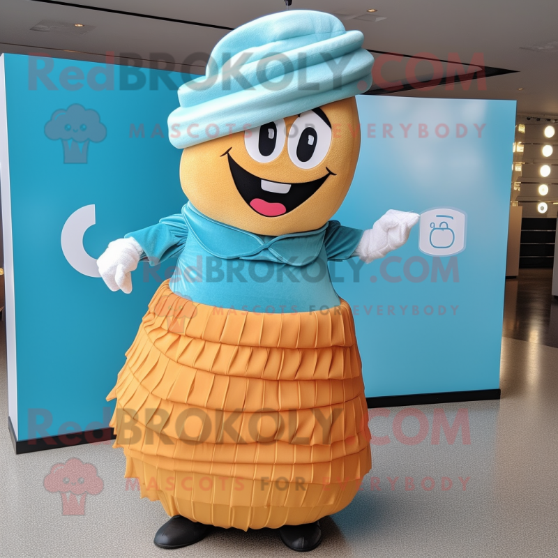 Cyan Croissant mascot costume character dressed with a Pleated Skirt and Beanies