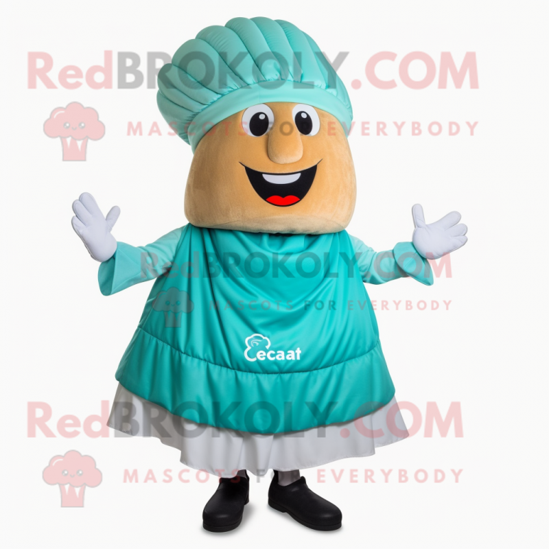 Cyan Croissant mascot costume character dressed with a Pleated Skirt and Beanies
