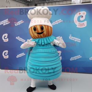 Cyan Croissant mascot costume character dressed with a Pleated Skirt and Beanies