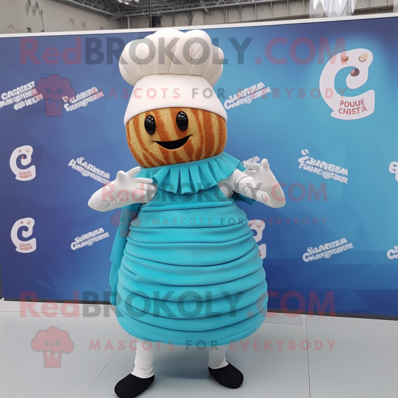 Cyan Croissant mascot costume character dressed with a Pleated Skirt and Beanies Cyan Croissant mascot costume character dressed with a Pleated Skirt and Beanies