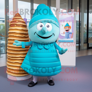 Cyan Croissant mascot costume character dressed with a Pleated Skirt and Beanies