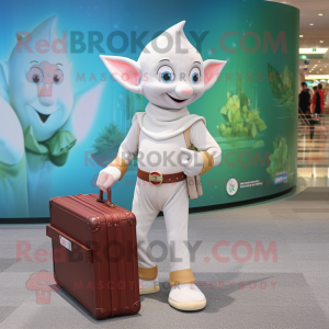 White Elf mascot costume character dressed with a T-Shirt and Briefcases