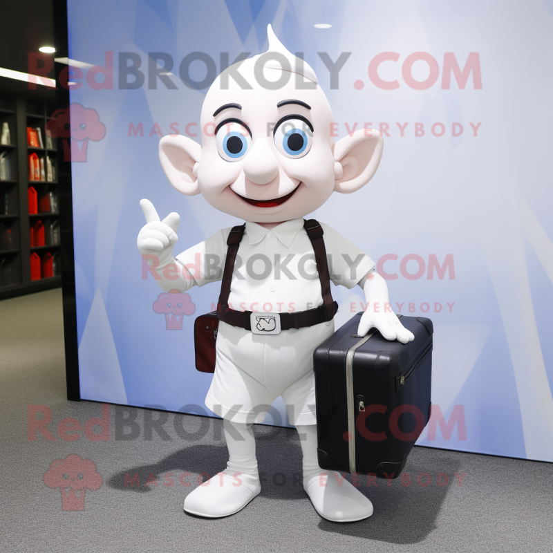 White Elf mascot costume character dressed with a T-Shirt and Briefcases