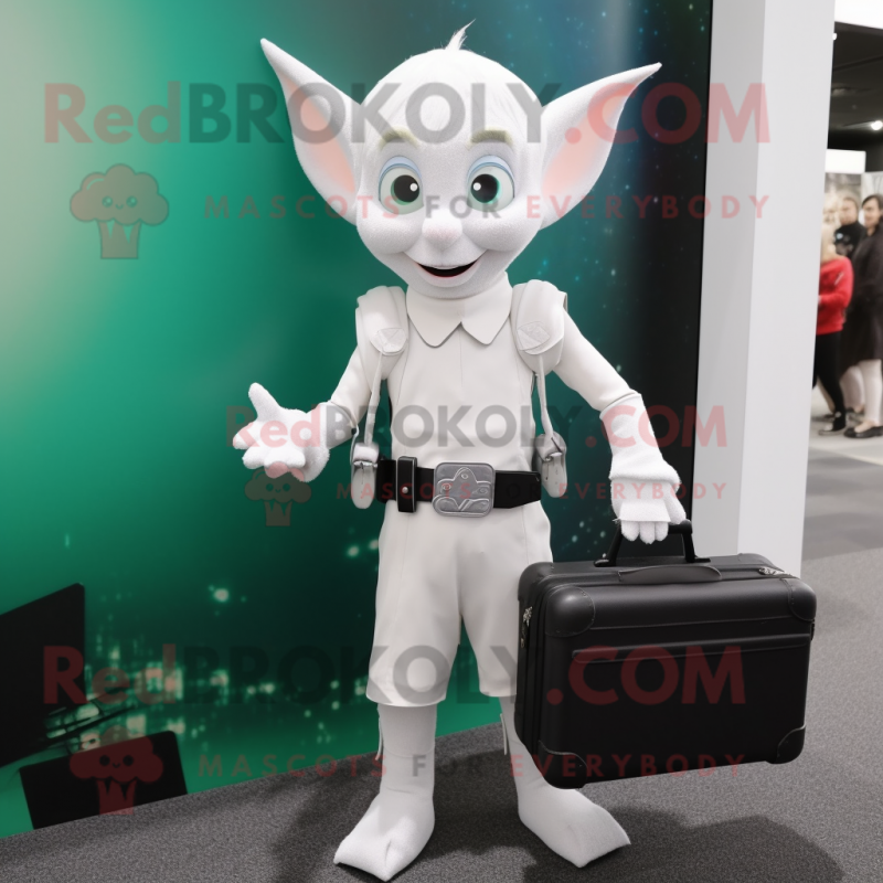 White Elf mascot costume character dressed with a T-Shirt and Briefcases