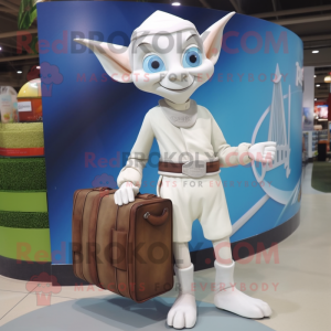 White Elf mascot costume character dressed with a T-Shirt and Briefcases