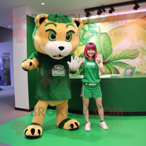 Green Saber-Toothed Tiger mascot costume character dressed with a Mini Skirt and Keychains
