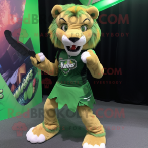 Green Saber-Toothed Tiger mascot costume character dressed with a Mini Skirt and Keychains