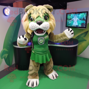 Green Saber-Toothed Tiger mascot costume character dressed with a Mini Skirt and Keychains