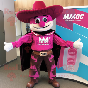 Magenta Cowboy mascot costume character dressed with a Moto Jacket and Shawl pins