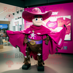 Magenta Cowboy mascot costume character dressed with a Moto Jacket and Shawl pins