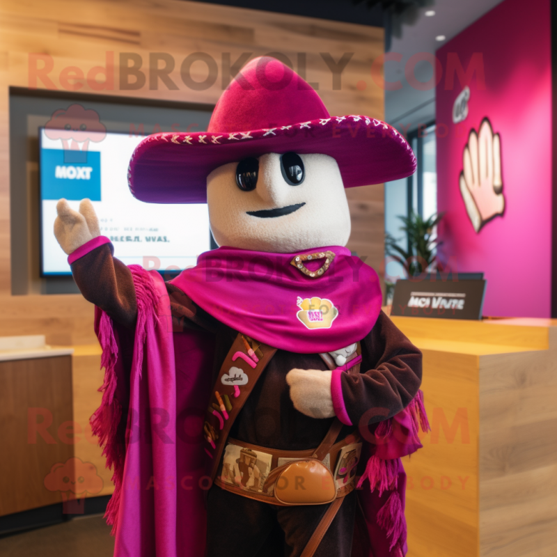 Magenta Cowboy mascot costume character dressed with a Moto Jacket and Shawl pins Magenta Cowboy mascot costume character dressed with a Moto Jacket and Shawl pins