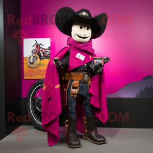 Magenta Cowboy mascot costume character dressed with a Moto Jacket and Shawl pins