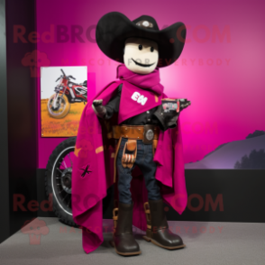 Magenta Cowboy mascot costume character dressed with a Moto Jacket and Shawl pins