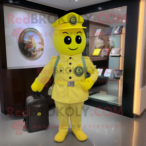 Lemon Yellow Army Soldier mascot costume character dressed with a Suit and Handbags