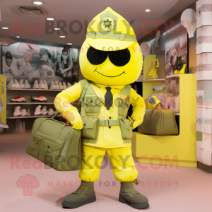 Lemon Yellow Army Soldier mascot costume character dressed with a Suit and Handbags