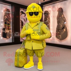 Lemon Yellow Army Soldier mascot costume character dressed with a Suit and Handbags