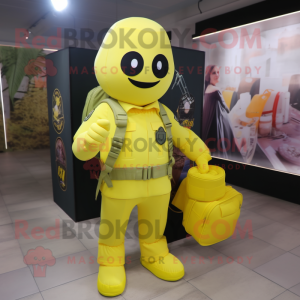 Lemon Yellow Army Soldier mascot costume character dressed with a Suit and Handbags