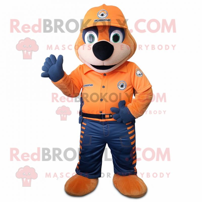 Orange Navy Seal mascot costume character dressed with a Overalls and Wraps