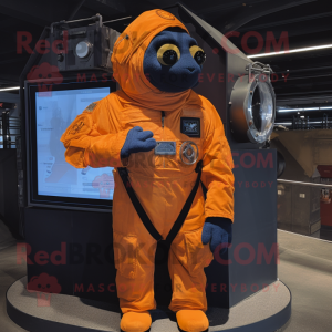 Orange Navy Seal mascot costume character dressed with a Overalls and Wraps