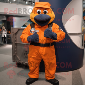 Orange Navy Seal mascot costume character dressed with a Overalls and Wraps