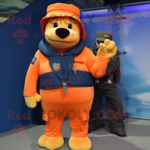 Orange Navy Seal mascot costume character dressed with a Overalls and Wraps