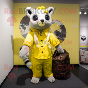 Lemon Yellow Civet mascot costume character dressed with a Cover-up and Handbags