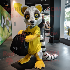 Lemon Yellow Civet mascot costume character dressed with a Cover-up and Handbags