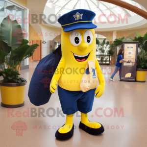 Navy Banana mascot costume character dressed with a Bootcut Jeans and Backpacks