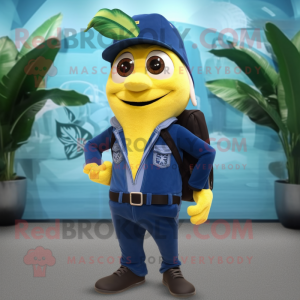 Navy Banana mascot costume character dressed with a Bootcut Jeans and Backpacks