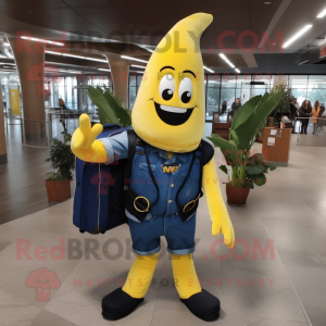 Navy Banana mascot costume character dressed with a Bootcut Jeans and Backpacks