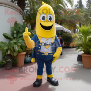 Navy Banana mascot costume character dressed with a Bootcut Jeans and Backpacks