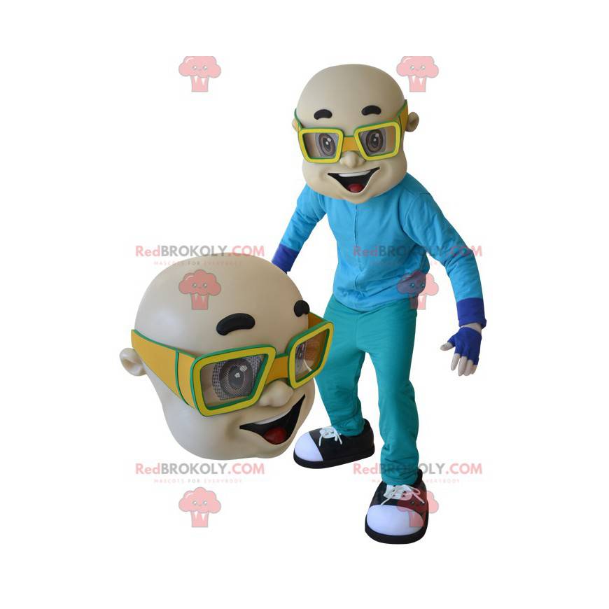 Bald man mascot with yellow glasses - Our mascots Sizes L (175-180CM)