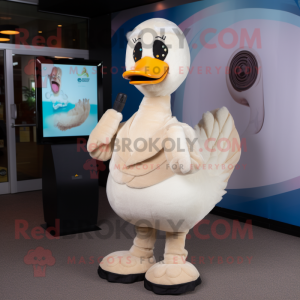 Beige Swan mascot costume character dressed with a Bodysuit and Shoe clips