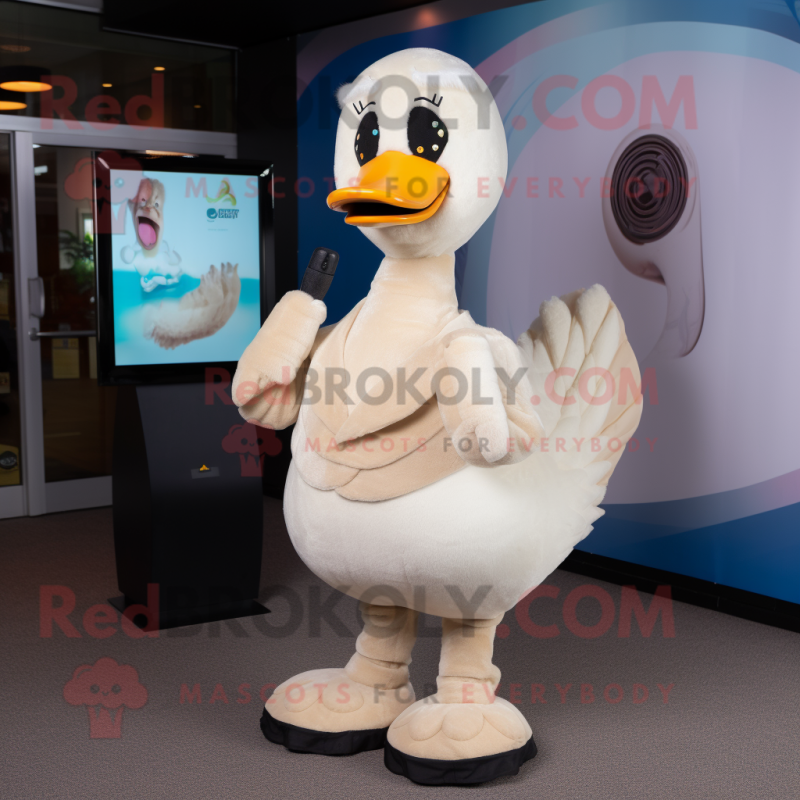 Beige Swan mascot costume character dressed with a Bodysuit and Shoe clips Beige Swan mascot costume character dressed with a Bodysuit and Shoe clips