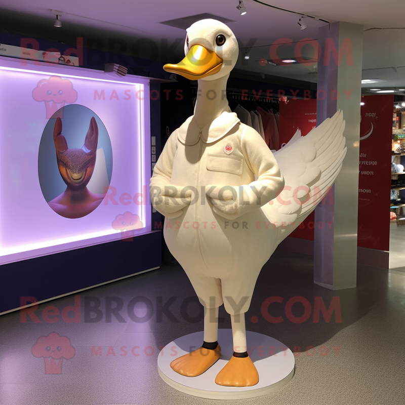 Beige Swan mascot costume character dressed with a Bodysuit and Shoe clips