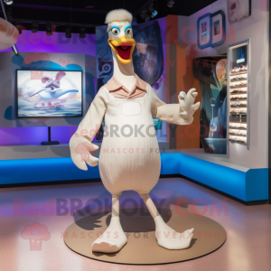 Beige Swan mascot costume character dressed with a Bodysuit and Shoe clips