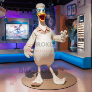 Beige Swan mascot costume character dressed with a Bodysuit and Shoe clips