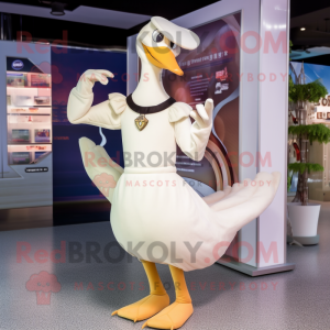 Beige Swan mascot costume character dressed with a Bodysuit and Shoe clips