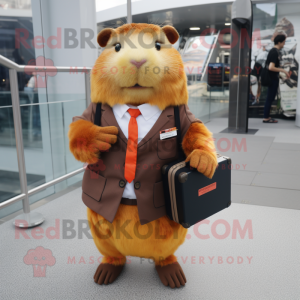 Rust Guinea Pig mascot costume character dressed with a Shift Dress and Briefcases