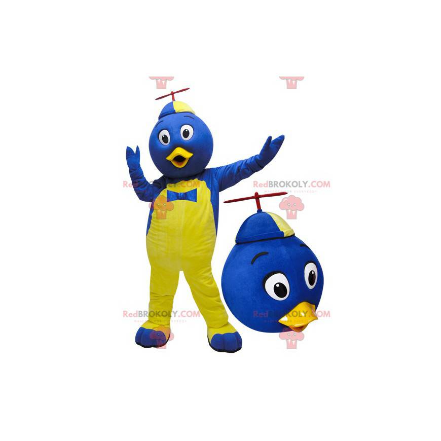 Mascote pássaro azul e amarelo com um chapéu - Redbrokoly.com